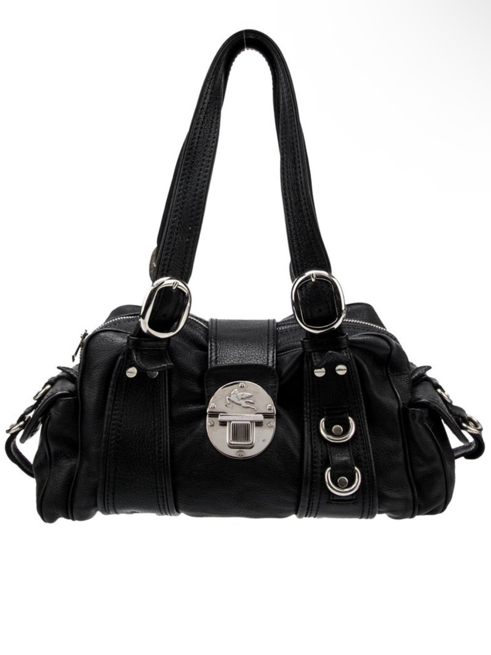Black Leather Shoulder Bag with Silver Hardware